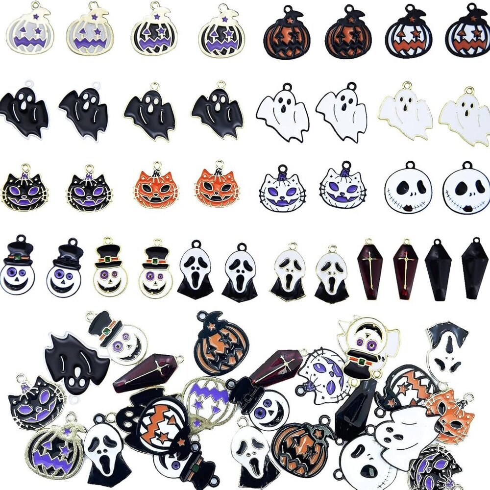 36 Pcs Halloween Charms Pendants Assorted Gold Black Plated Enamel Pumpkin Ghost